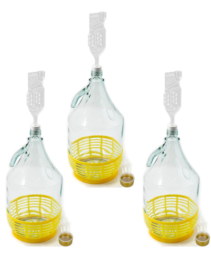 Enghals Ballonflasche mit Schraubverschluss, Schutzkorb, Luftschleuse und Stopfen für die Weinherste