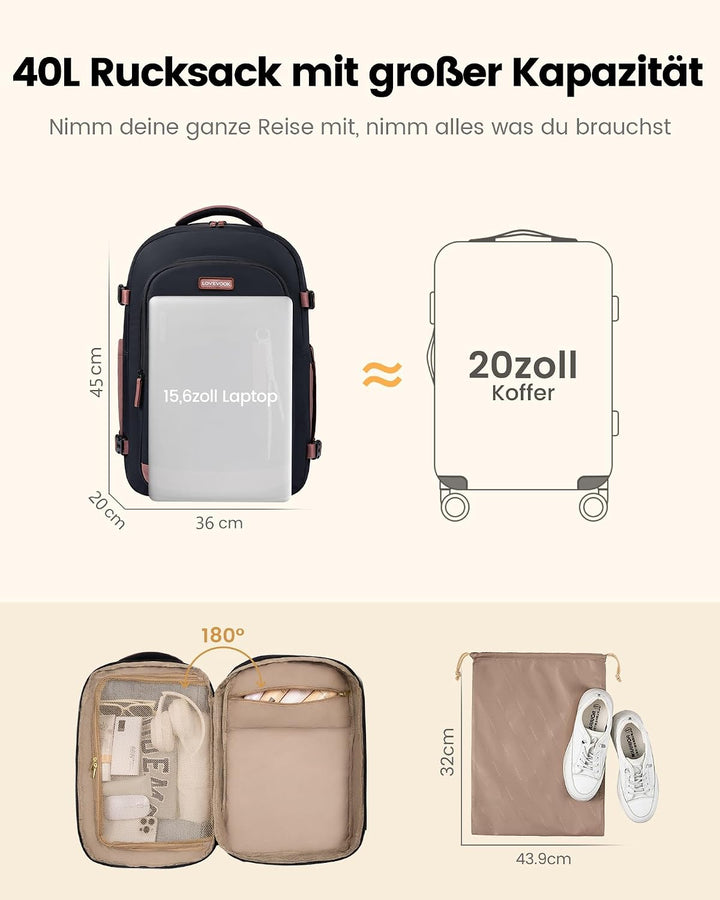 LOVEVOOK Rucksack Handgepäck Flugzeug 40L Gross Reiserucksack Damen 45x36x20 | Travel Backpack für 1