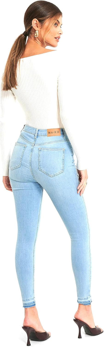 NA-KD Damen Skinny High Waist Open Hem Jeans, Hellblau