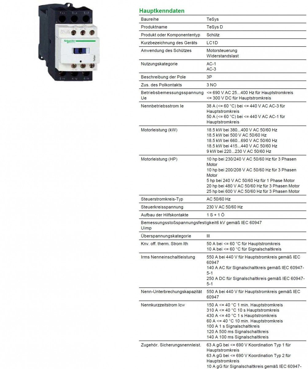 Schneider Electric - Leistungsschütz LC1D 3p, +1S+1Ö, 18.5 kW, 38 A, 400 V AC3, Spule 230 V AC, LC1D