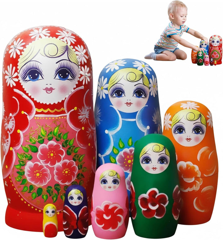 Set mit 7 russischen Nistpuppen, Matroschka-Puppe aus Holz mit Sonnenblumenmuster für Kinder und Erw