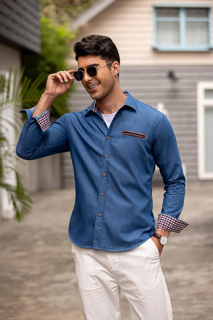 COOFANDY Herren Hemd Langarm Jeanshemd Denim Shirt Kent-Kragen Langarmhemd Cowboy-Style Freizeit Hem