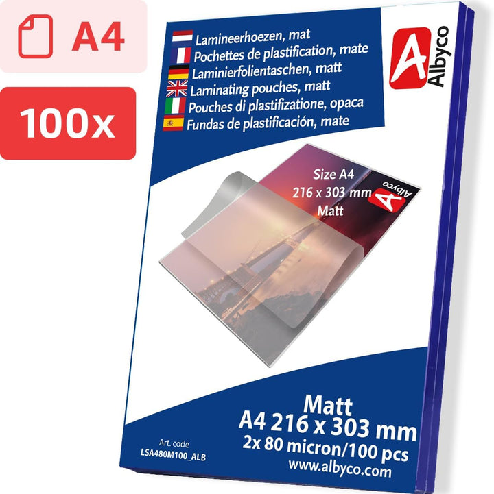 Albyco - Laminiertaschen MATT A4, 160 Mikron (2x80 Mikron) - 100 Stück - Folien A4 MATT, Laminierhül