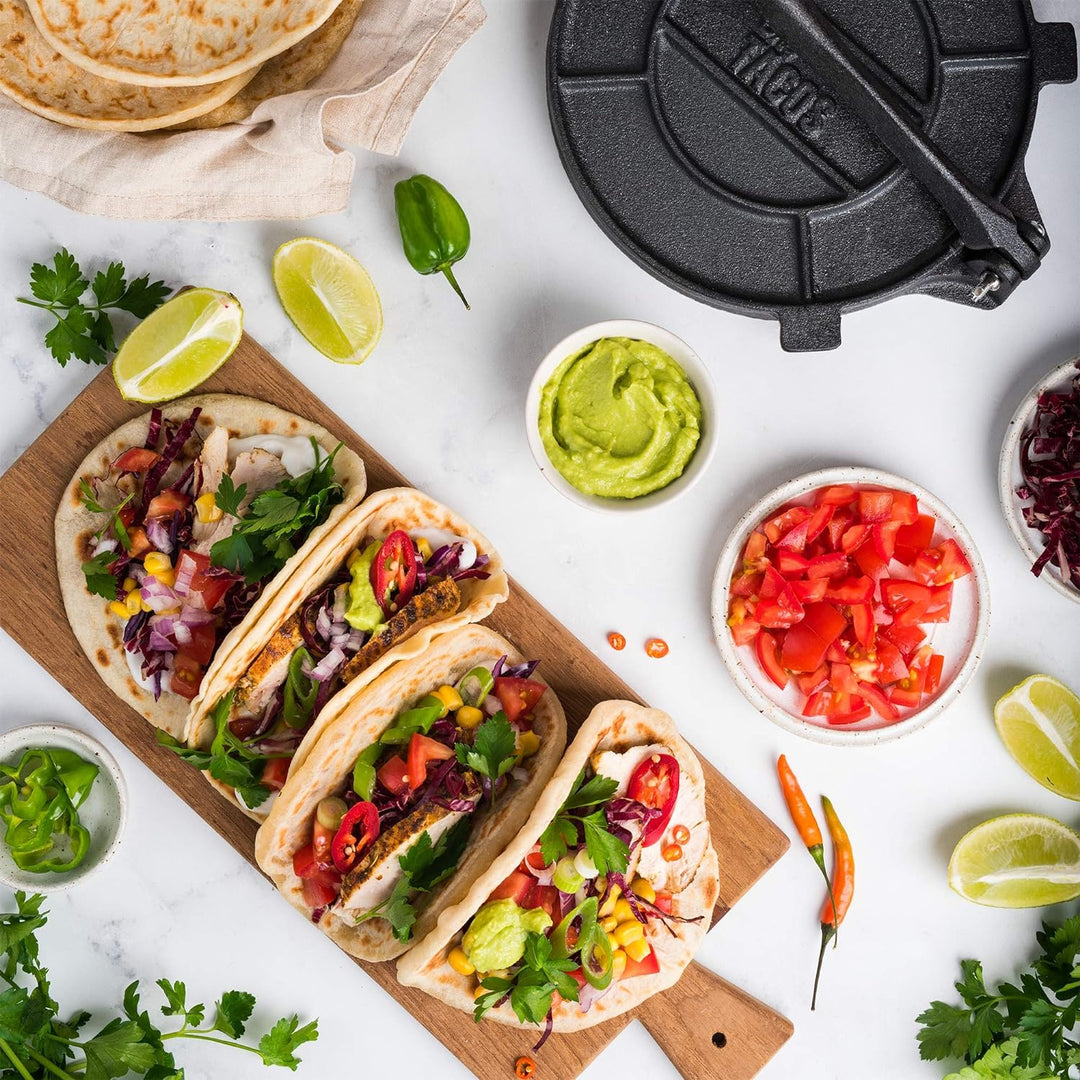 Chef Tacos Authentische Gusseisen-Tortilla-Presse, 20 Zentimeter, vorgewürzter Mais- oder Mehl-Torti
