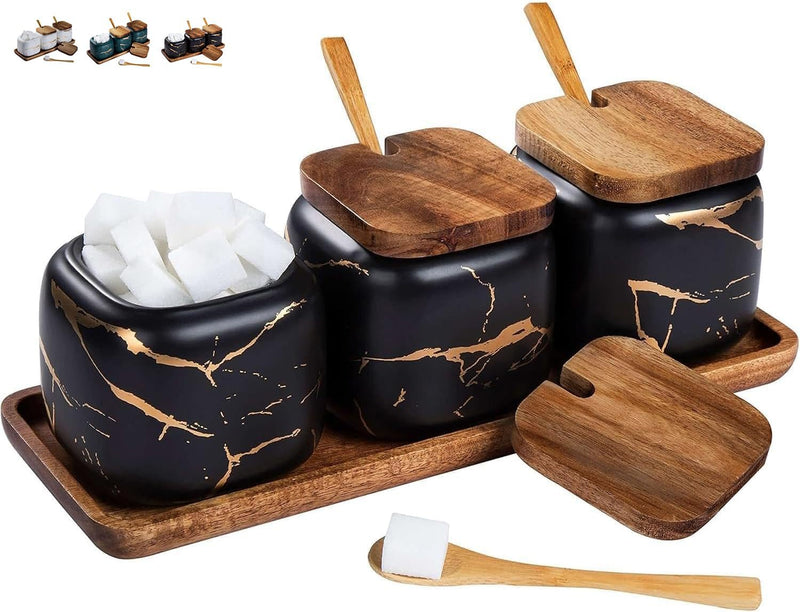 TELANKS Gewürzgläser Set, 3 Stk Keramik Zuckerdose mit Deckel und Löffel für Haus und Küche, Alterna