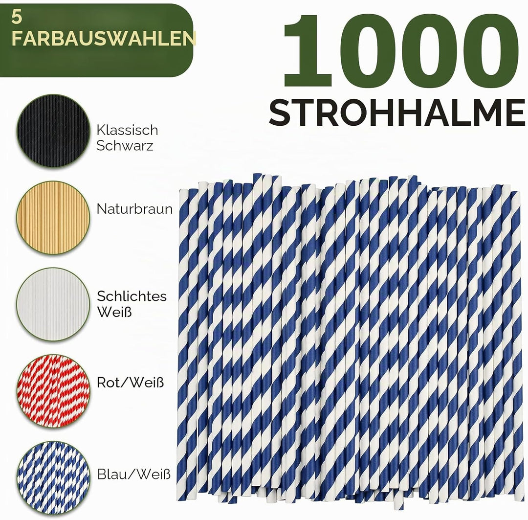 Einweg-Papiertrinkhalme Bulk 1000 Stück, Blau/Weiss gestreift, 19,7x0,6cm - Biologisch abbaubar und
