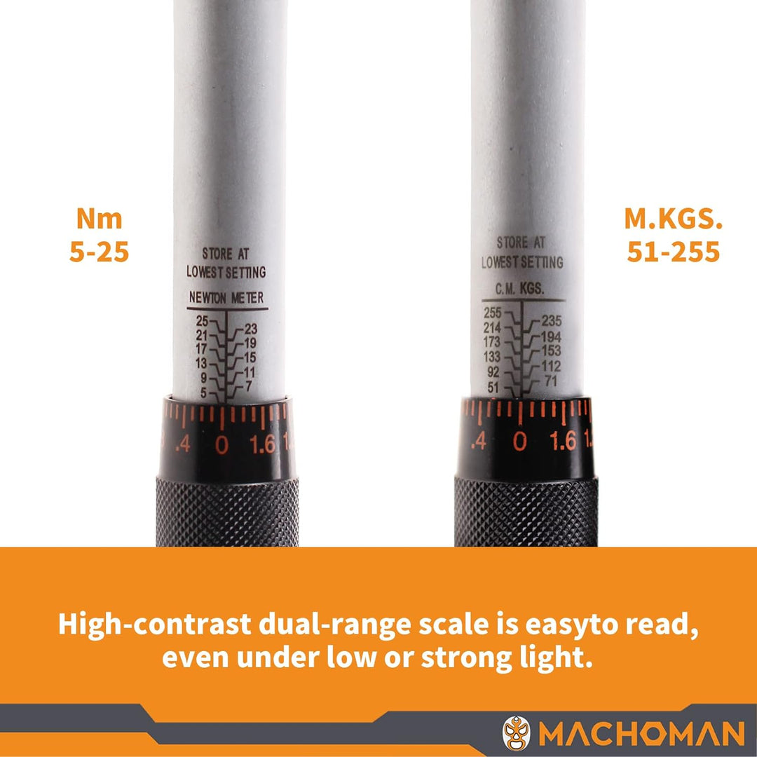 MACHOMAN ATQW203 1/4-Zoll-Trouqe-Schraubenschlüssel (5-25 Nm) mit Verlängerungsstange und 3/8-Zoll-A