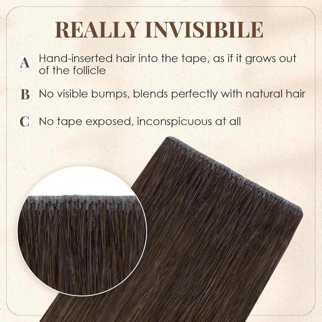 Elailite Tape Extensions Echthaar #2 Dunkelbraun, 10 Stück Unsichtbar Kleber Haarverlängerungen 20g,