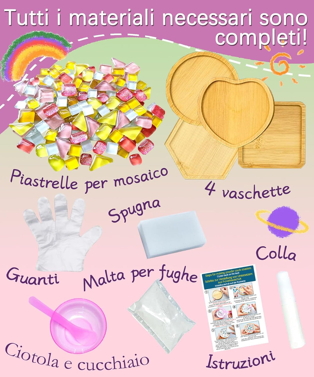 Finsink Mosaik bastelset kinder 4pcs mosaik untersetzer bastelset diy holz untersetzer Set Mosaikste