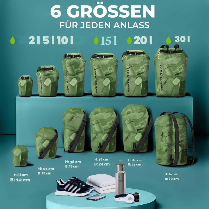 Nordlight Dry Bag wasserdichte Tasche - 2l 5l 10l 15l 20l 30l Liter | Wasserfester Packsack Seesack