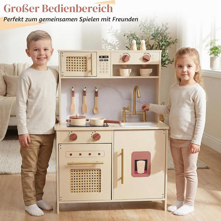 WoodenFun Rosa Retro Kinderküche aus Holz Creme-Beige Spielküche mit Mikrowelle, Backofen, Spüle &amp; Z