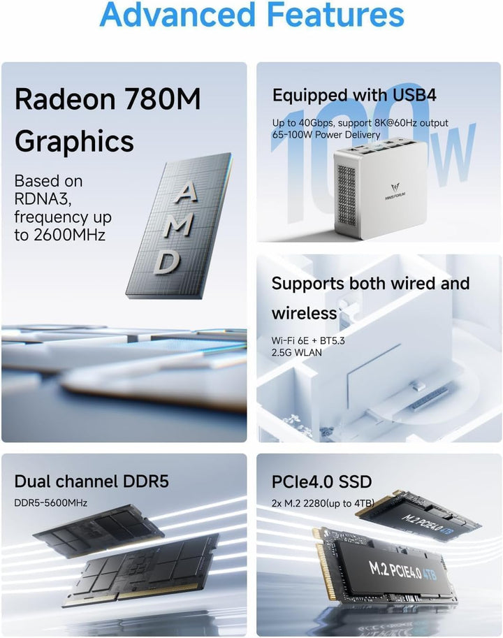 MINIS FORUM Mini PC UM870 Slim, AMD Ryzen 7 8745H 8C/16T bis zu 4,9 GHz, Barebone-Version ohne DDR5/