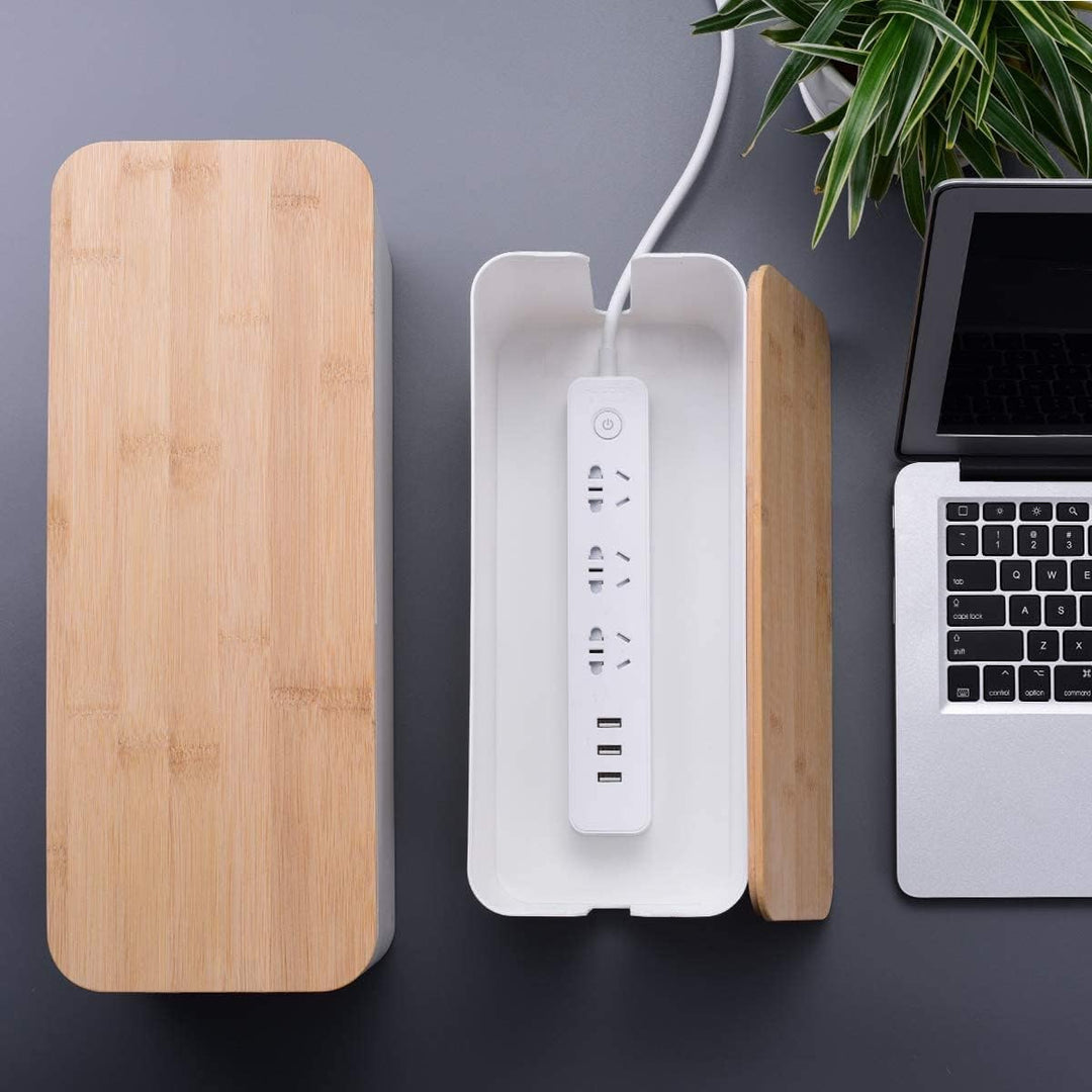 SENENQU 3er-Set Kabelbox Weiss, Grosse Kabel Organizer Box mit Holzdeckel für Kabel, Grosse und Klei