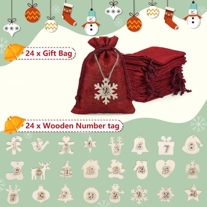 Naler 24 x Jutesäckchen Adventskalender Stoffbeutel mit Zahlen Holzanhänger Jute Beutel Säckchen für