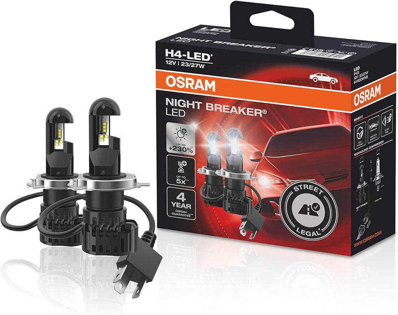 OSRAM NIGHT Breaker H4-LED; bis zu 230 Prozent mehr Helligkeit, legales Abblend- und Fernlicht mit S