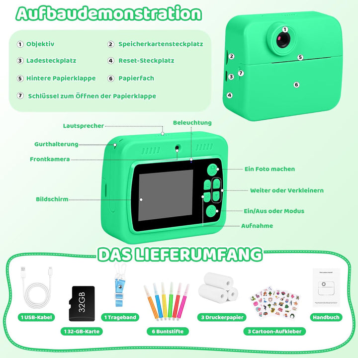 Kinderkamera Sofortbildkamera,Digitalkamera für Kinder mit Druckpapier 32G TF Karte, 2,4 Zoll Bildsc