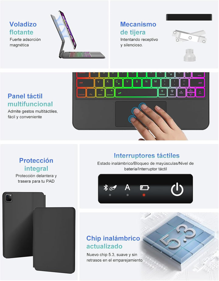 Magic Keyboard für iPad Air 11 Zoll M4 2026/M3 2025/M2 2024 mit Multi-Trackpad, 7-Farbigem Beleuchtu