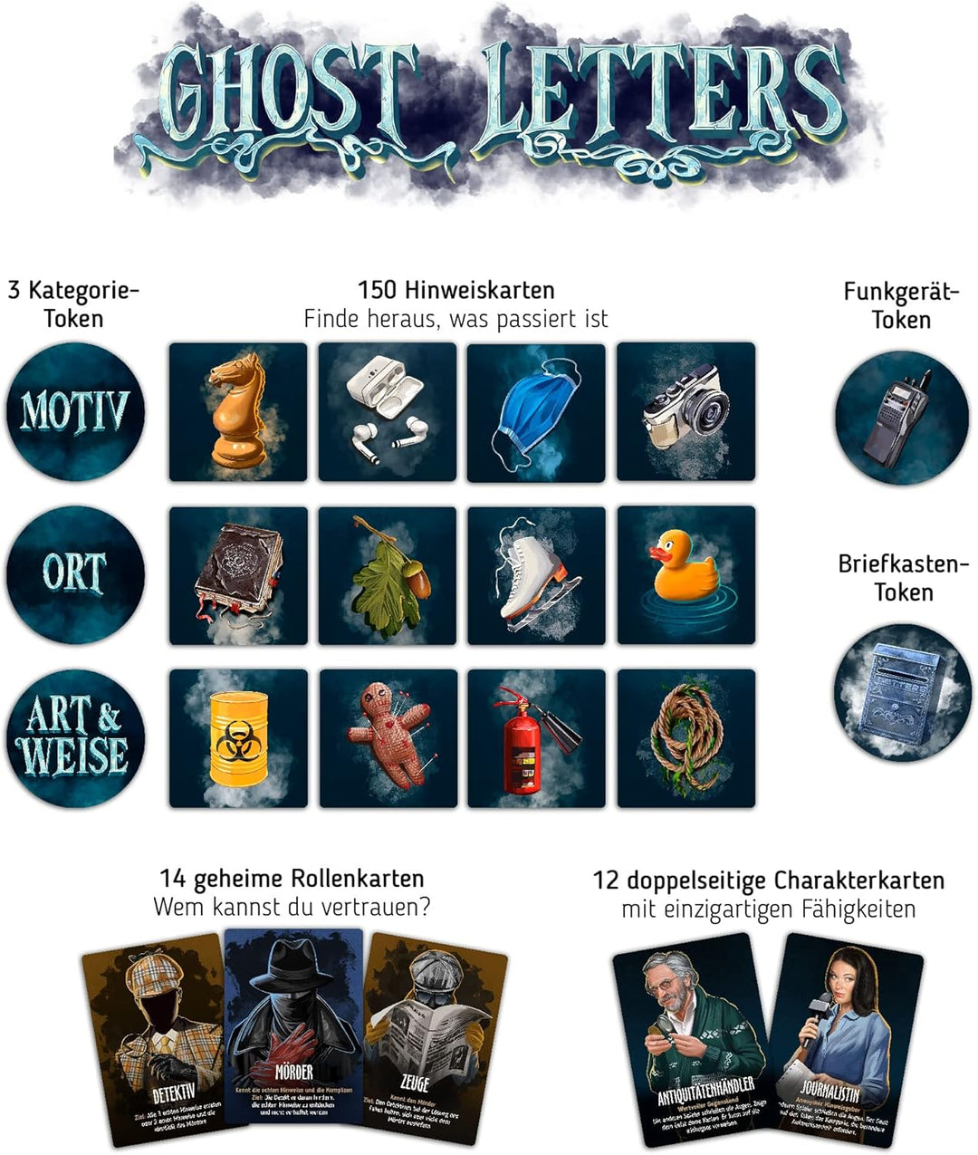 BORGOS Ghost Letters – Murder Mystery Detektivspiel mit geheimen Rollen | Gesellschaftsspiel | Krimi
