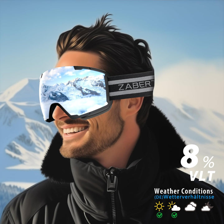 ZABERT Skibrille für Damen Herren Erwachsene Brillenträger, Anti-Beschlag UV-Schutz Anti-Rutsch-Kopf