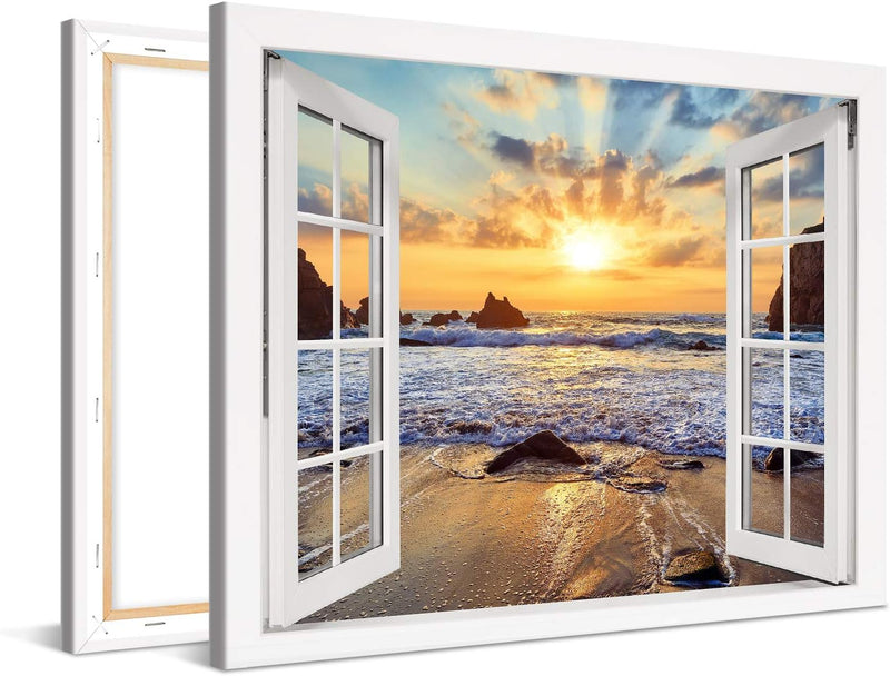 PICANOVA – Bild auf Leinwand Felsiger Strand Sonnenuntergang Fenster 100x75cm – Leinwandbild – Premi