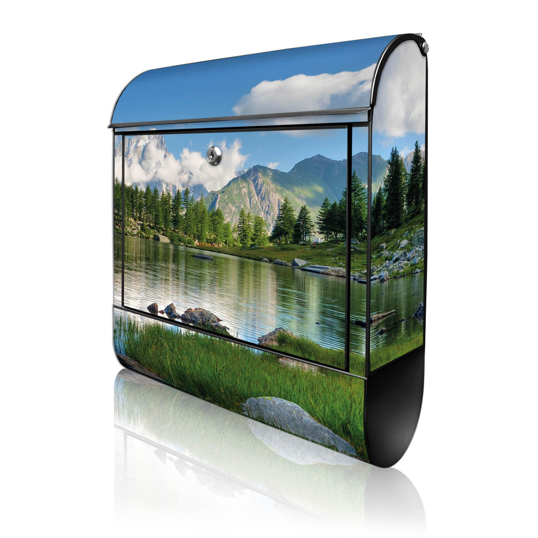 banjado® Design Briefkasten mit Motiv Gebirgssee 39x47x14cm &amp; 2 Schlüssel - Briefkasten Stahl schwar