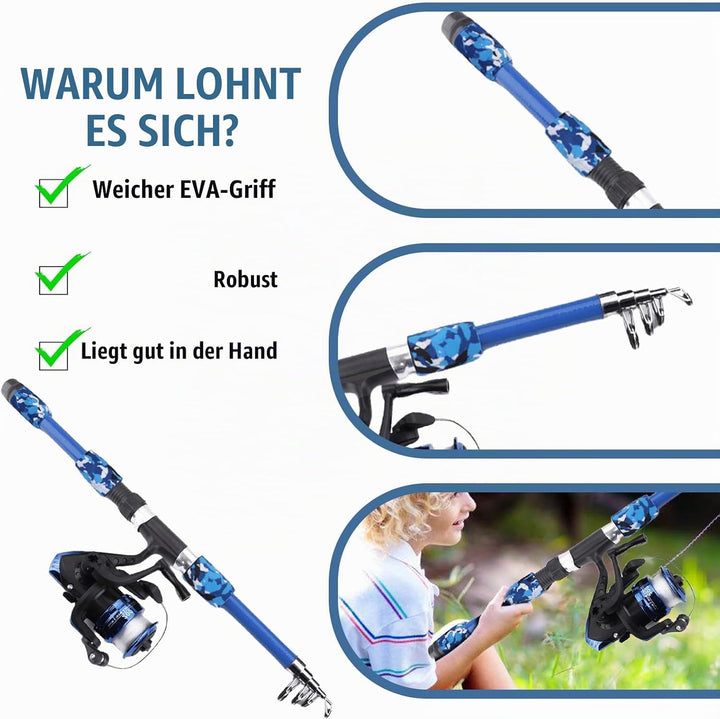 Angelset für Kinder: Angelrute Set mit Angelrolle und Köder Set, Kohlefaser Teleskop Angelrute 1.8m,