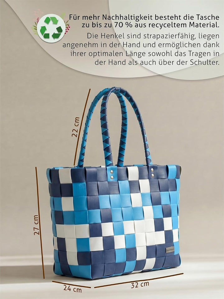 normani Einkaufstasche geflochten mit Henkeln - Tragetasche extra robust Farbe Classic/Aqua Classic