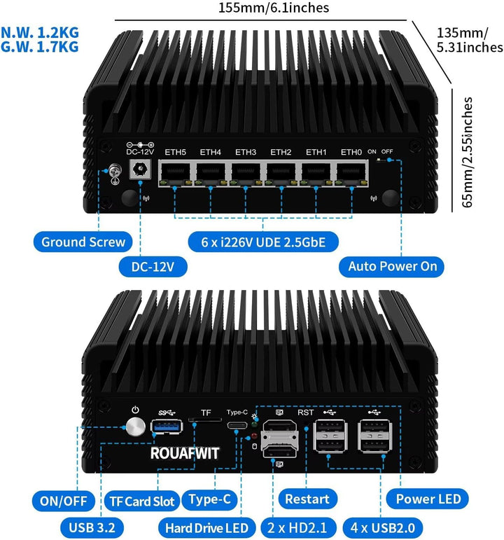 ROUAFWIT Micro Firewall N100 12TH Gen Fanless Mini PC, DDR5 8GB RAM 128GB SSD Router Appliance Compu