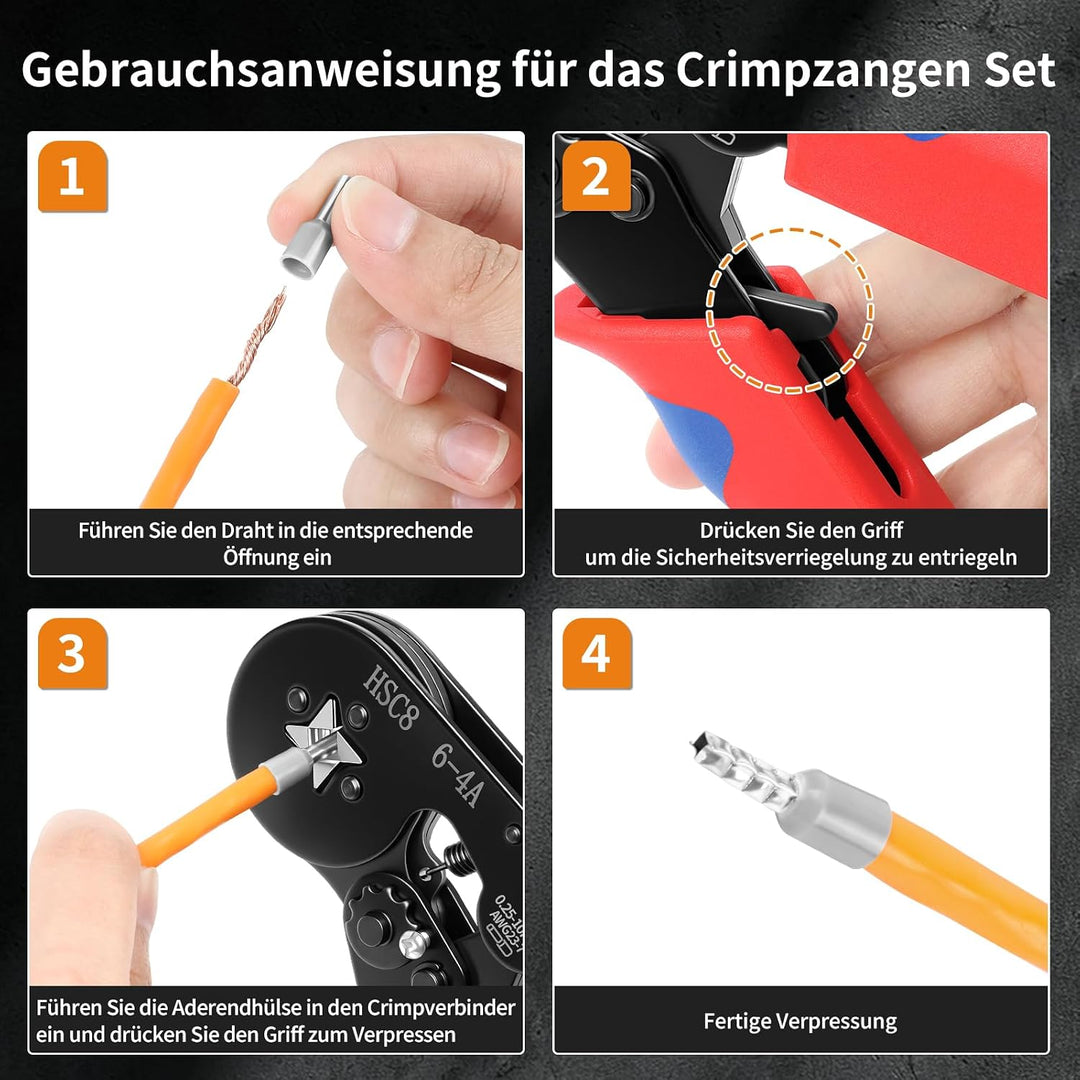 Aderendhülsen Set mit 1400 Stück, Crimpzange Set, für 0,25-10 mm² Aderendhülsen, Aderendhülsenzange