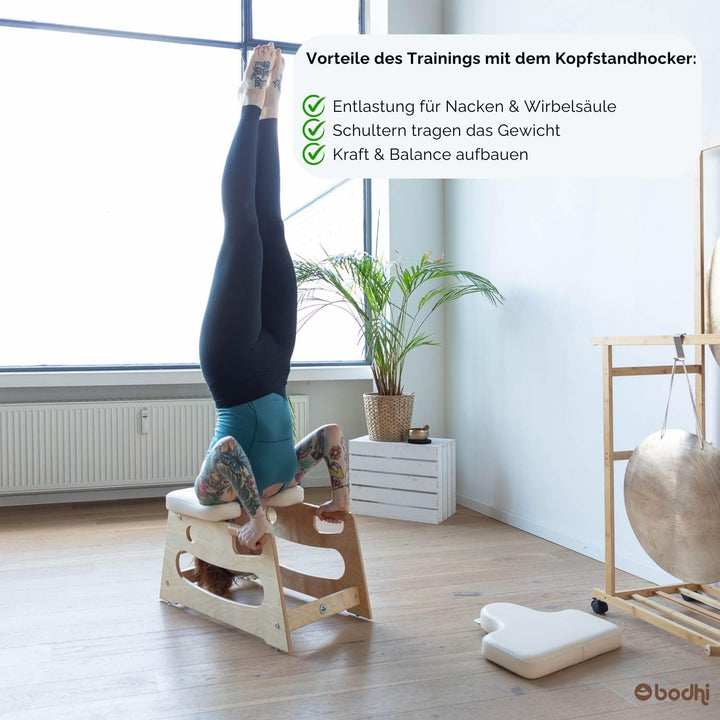 Bodhi Kopfstandhocker| Yoga Hocker aus Holz mit praktischen Griffen | Yogastuhl mit Polster für Umke