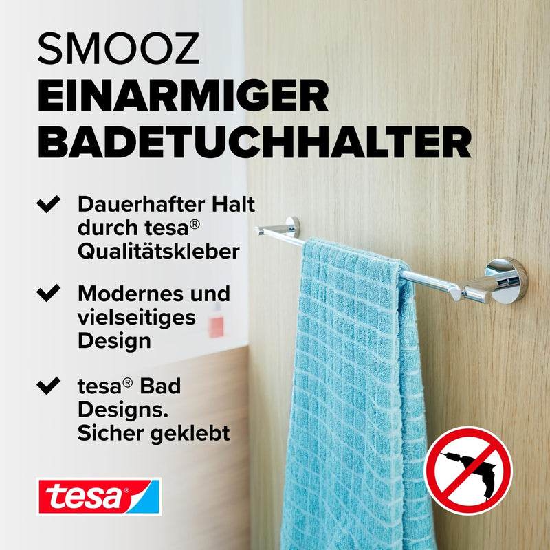 tesa SMOOZ Handtuchstange, verchromt - Badetuchhalter - zur Wandbefestigung ohne Bohren, inkl. Klebe