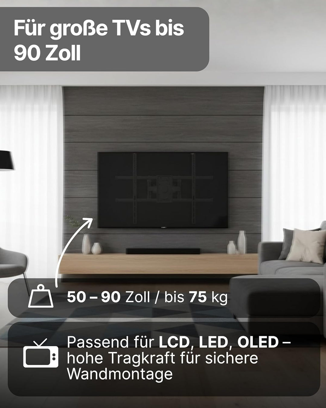 SCHWAIGER LWHD9075 513 TV-Wandhalterung 50-90 Zoll Fernseherhalterung Mounting TV-Aufhängung neigbar