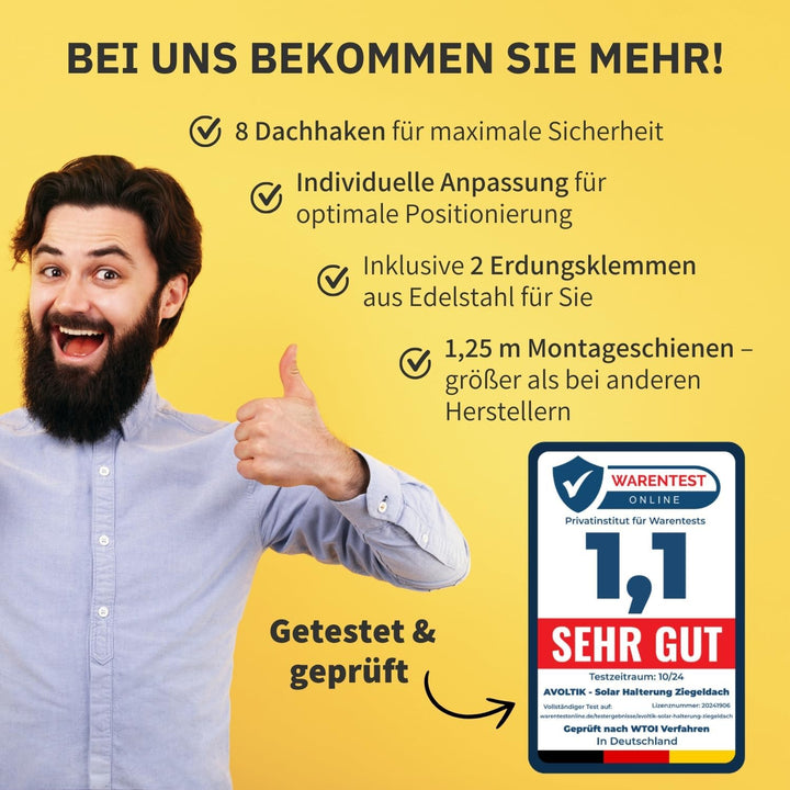 Avoltik Solar Halterung Ziegeldach | Montageset für 2 Paneele I Set aus 8 Dachhaken Edelstahl 3-Fach