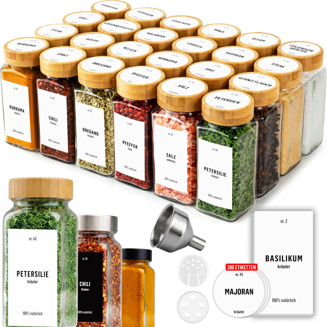 Deco haus® Gewürzgläser eckig mit Schraubkappe 24er Set [+Etiketten & Streueinsatz] - Gewürzdosen Se