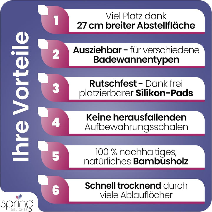 Badewannen-Set: Luxus Bambus Badewannenablage &amp; Ergonomisches Badewannenkissen - Weinglashalter, Tab