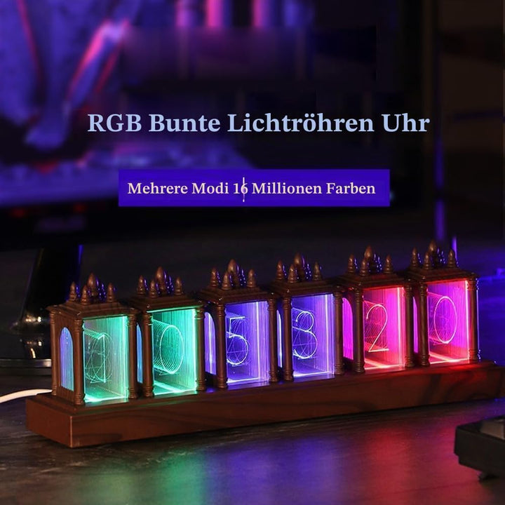 Nixie Röhrenuhr Walnuss Digitaluhr, 12/24h Alarm &amp; Display, Einstellbare Helligkeit und Farbe Nachtl