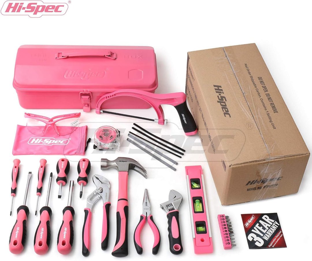 Hi-Spec Retro Pink Rosa Werkzeugkiste mit einer vielzahl von Pinken Werkzeugen die jede Frau braucht