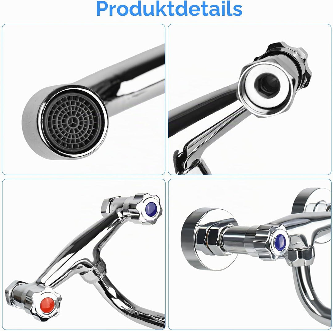 Wand-Zweigriffmischer aus Messing, 360° Schwenkbarer Spültisch, Warm und Kaltwasserschaltung, Wandar