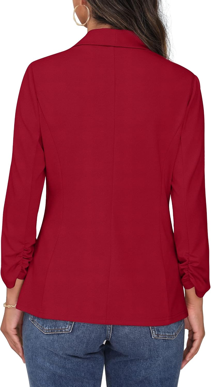 PrinStory Blazer Für Damen 3/4 Geraffte Ärmel Blazer Geschäft Büro Blazer Anzug Sportlich Jack Trenc
