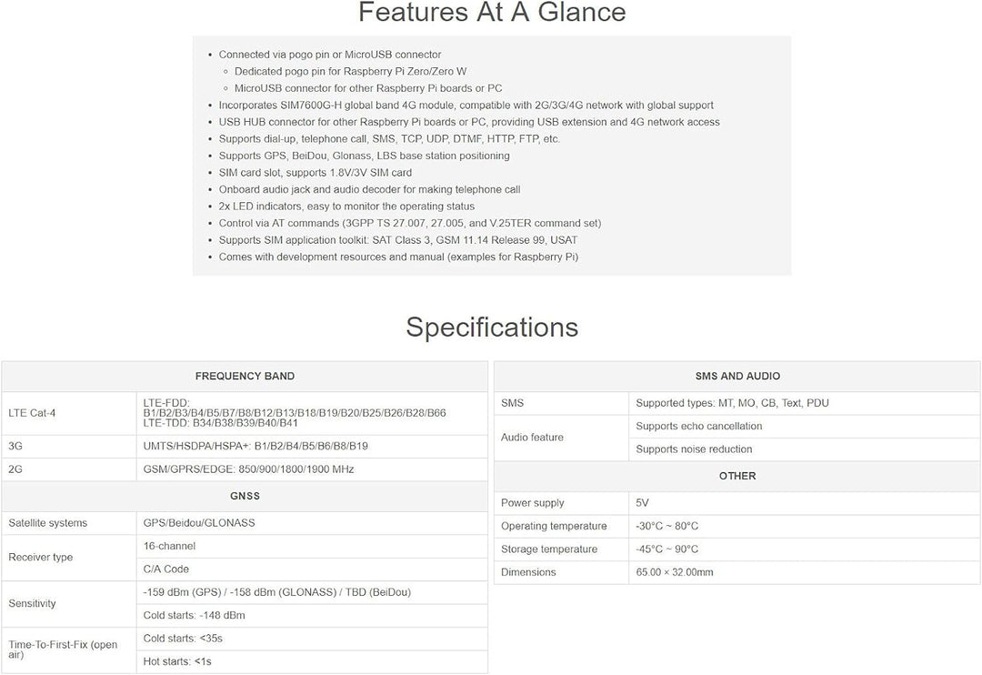 Waveshare SIM7600G-H 4G HAT, Global Band, Enabling LTE Cat-4 4G / 3G / 2G Communication & GNSS Posit