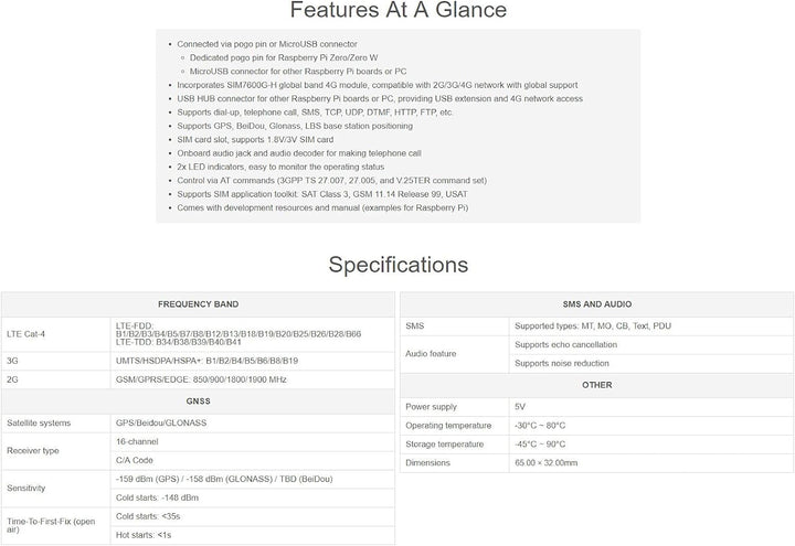 Waveshare SIM7600G-H 4G HAT, Global Band, Enabling LTE Cat-4 4G / 3G / 2G Communication & GNSS Posit