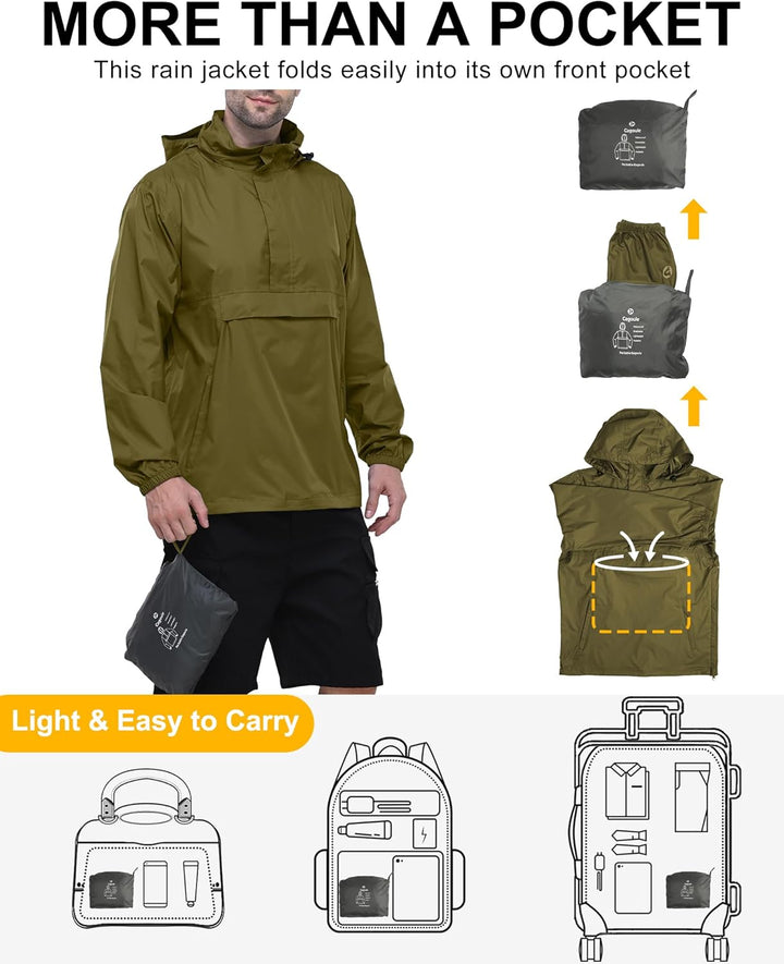 Outdoor Ventures Herren Regenjacke Wasserdichter Pullover mit Kapuze Packbare Reflektierende Jacke L