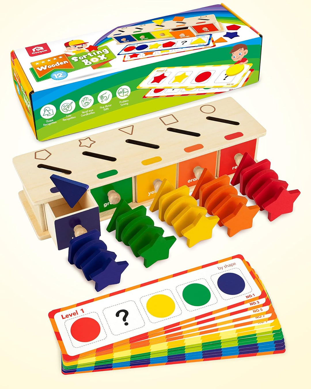 Coogam Montessori Toys Holz-Sortierbox in Farbform, geometrische passende Blöcke, frühes Lernen, päd