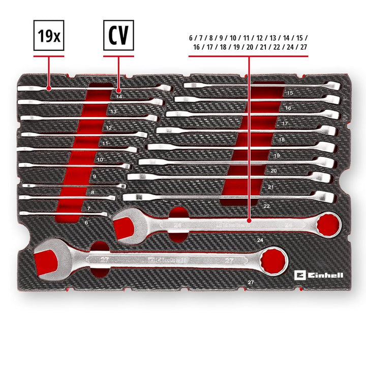 Original Einhell Pad Gabelringschlüssel 19-tlg. (12-Kant-Profil, Chrom-Vanadium-Stahl, satinierte Ob