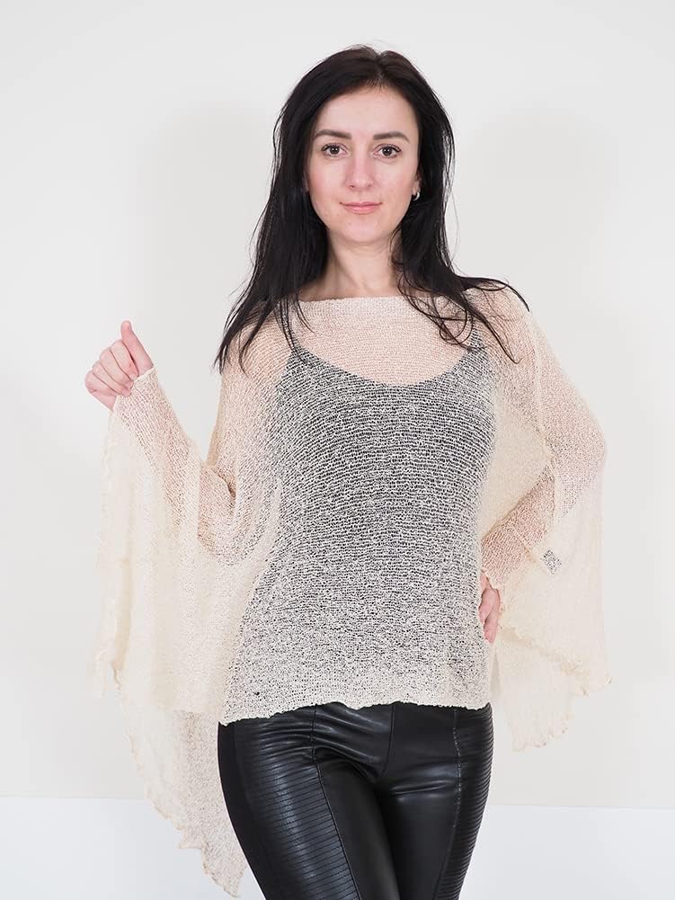 Damen Häkelspitze strecken Fisch-Netz Batwing Poncho Einheitsgrösse Grosse Grössen Cream, Einheitsgr