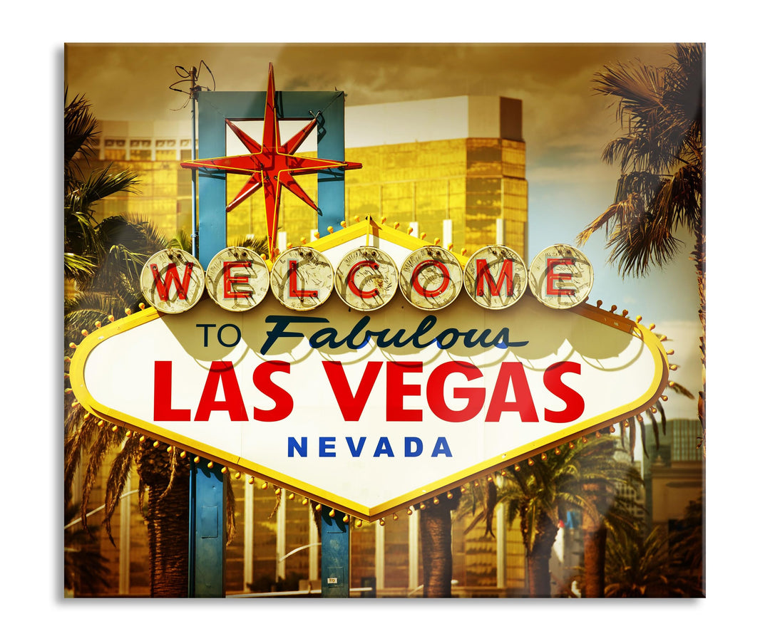 Las Vegas Ortseingangsschild Herdabdeckplatte & Spritzschutz aus Echtglas | Für Herd-Kochfelder | 60