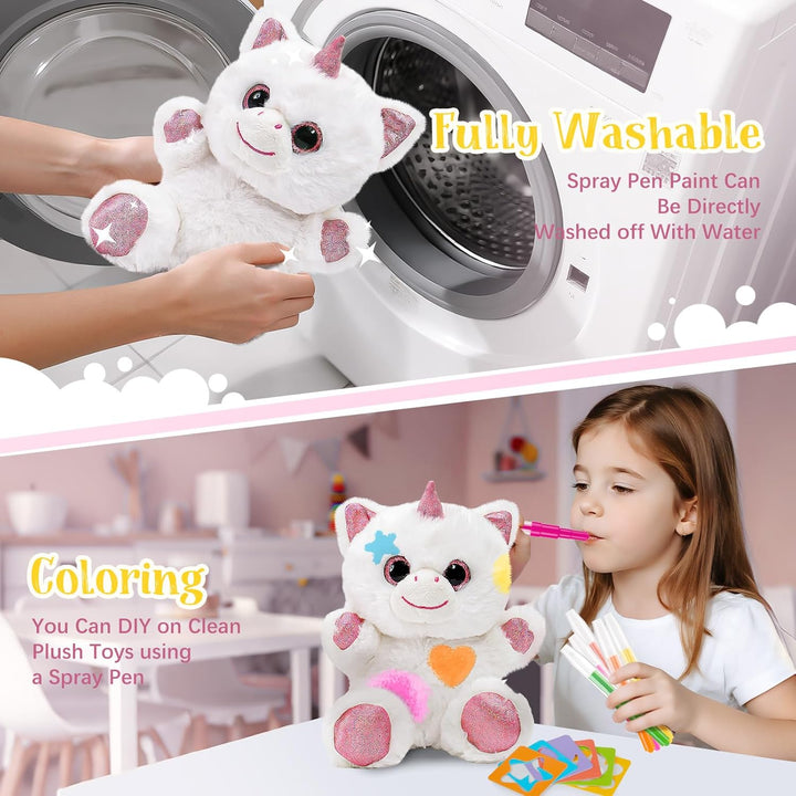 Einhorn Geschenke für Mädchen, Spielzeug Einhorn Kuscheltier mit Drück-Wasser-Badewanne & Waschbaren