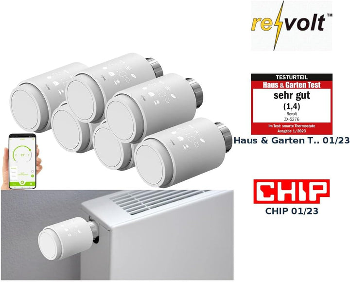 revolt Elektro-Thermostat: 6er-Set programmierbare Heizkörper-Thermostate mit Bluetooth und App (The