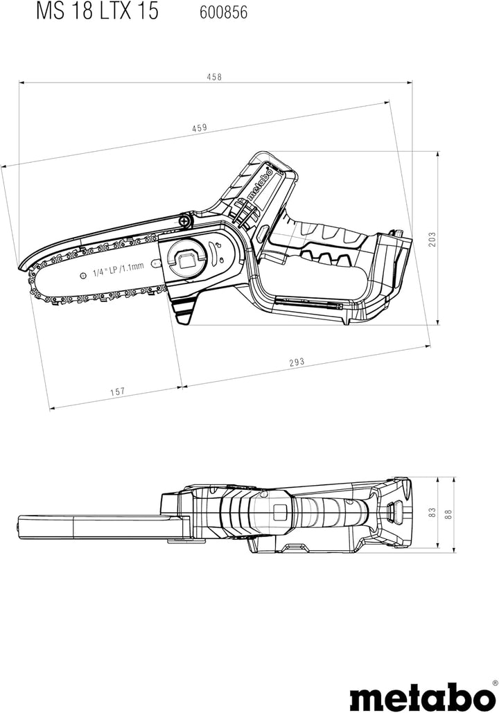 Metabo Akku Gehölzsäge (Holzsäge ohne Akku, kleine Kettensäge 15 cm, ohne metaBox, Gartensäge) 60085