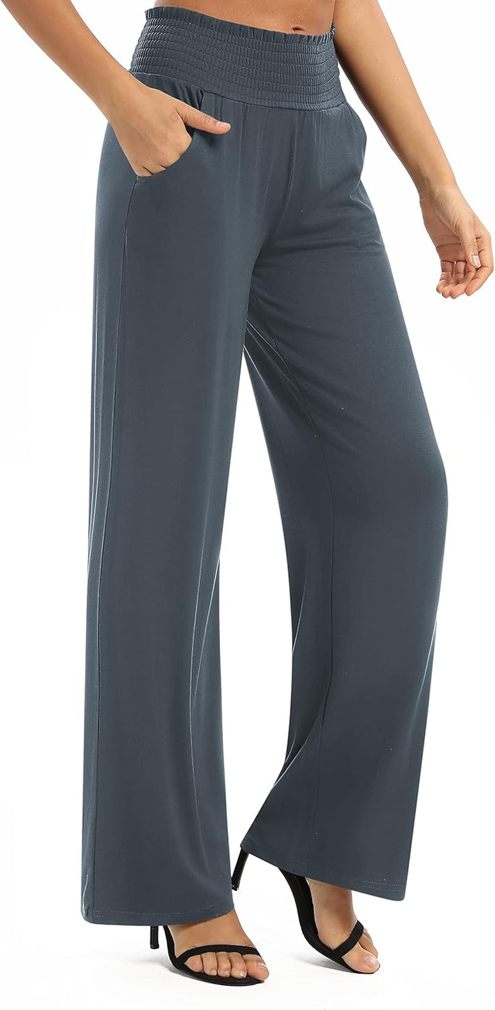 EXCHIC Damen Einfarbig Lose Gerade Geschnitten Palazzo Hose Hohe Taille Dehnbar Lounge Hose mit Tasc